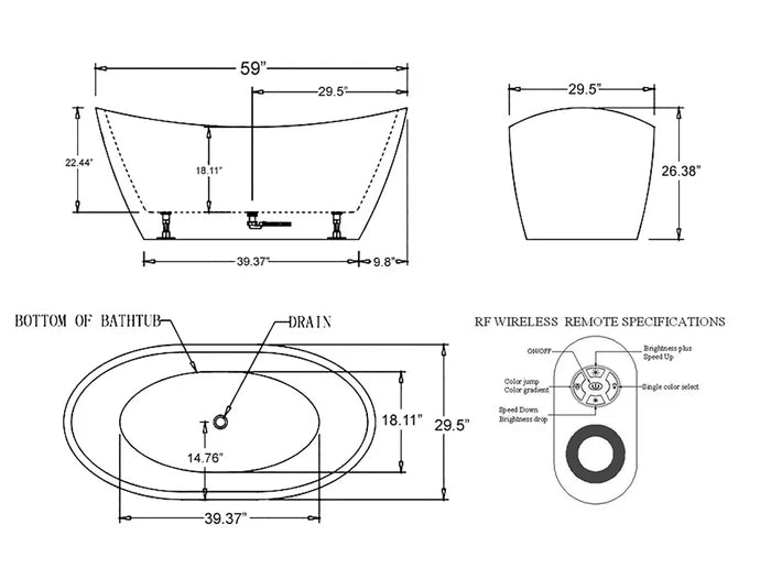 Empava Bathtub 59" Freestanding Soaking Center Drain 7 Color LED Lights Wireless Remote Control Oval New