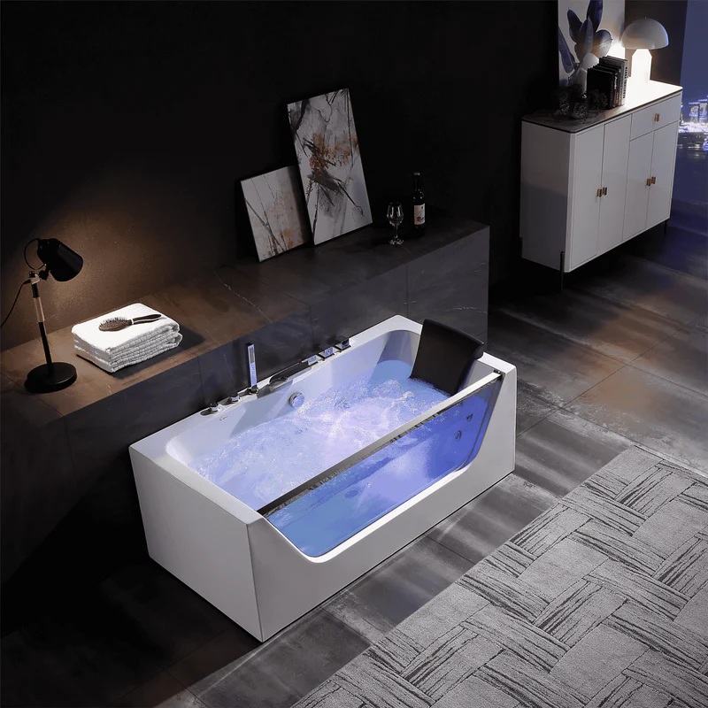 Empava Bathtub 59" Modern Alcove Whirlpool with LED Lights and Center Drain Rectangular New