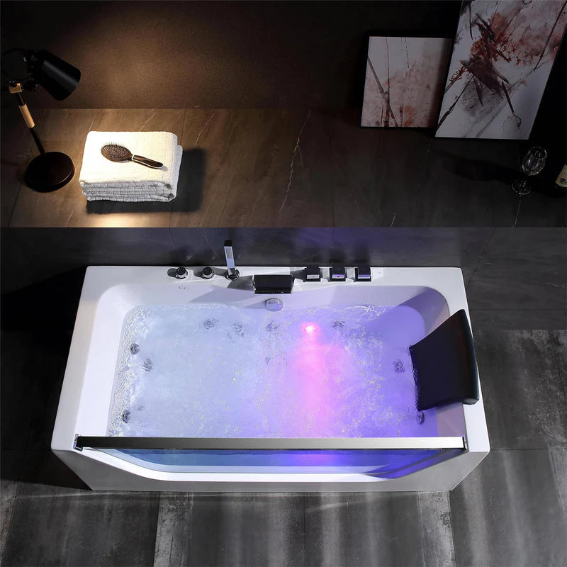 Empava Bathtub 59" Modern Alcove Whirlpool with LED Lights and Center Drain Rectangular New