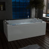 A modern bathroom features the 71 in. Freestanding Combination Massage 2-Person LED Tub With Center Drain by Empava, filled with water and perfect for indulging in Revi-Skin Therapy. Soft illumination enhances its sleek white surface. The room has dark tile flooring, a large window revealing a nighttime scene, and wooden blinds partially open.
