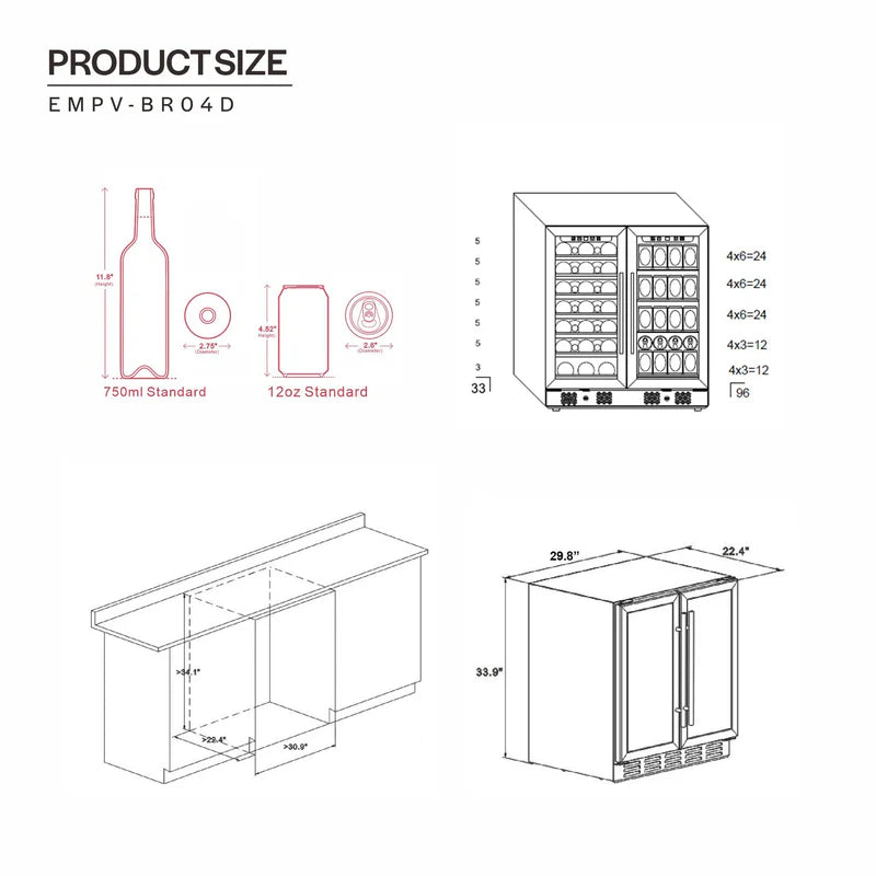 Empava Wine and Beverage Cooler 30" Dual Zone 6.3 cu. ft. Capacity 33 Bottle 96 Can Stainless Steel New