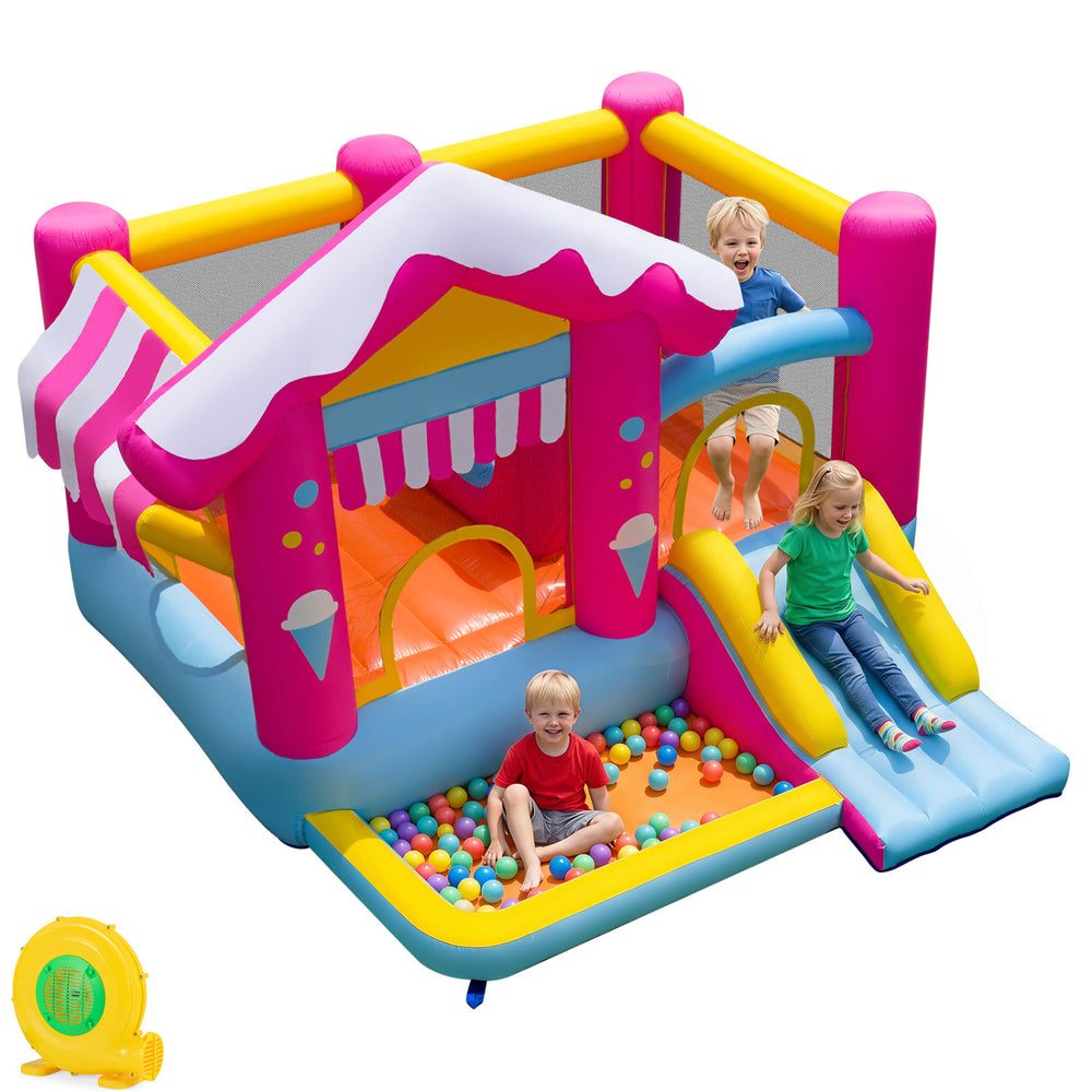Brightly colored 5-in-1 inflatable bounce house with slide, tunnel, and ball pit for kids ages 3-12, perfect for outdoor fun.