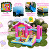 Bright pink 5-in-1 inflatable bounce house with tunnel, slide, and ball pit for kids ages 3-12, ideal for outdoor fun.
