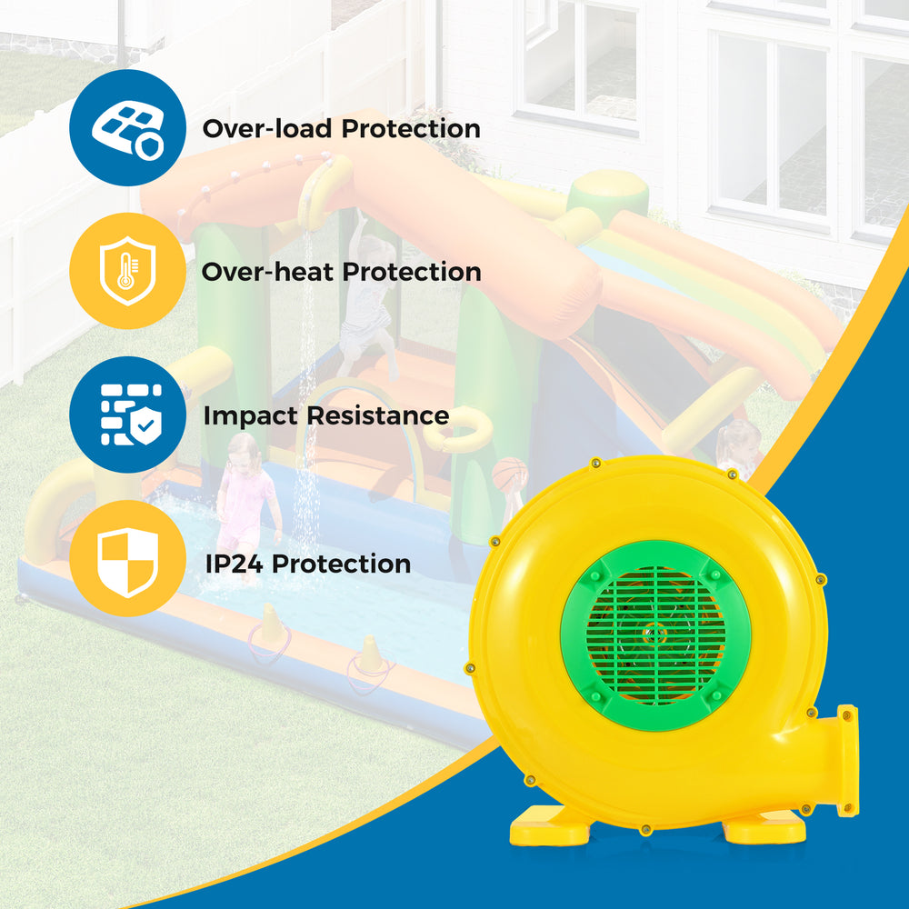 480W bounce house blower in yellow with handle, featuring over-load protection and impact resistance for safe use.