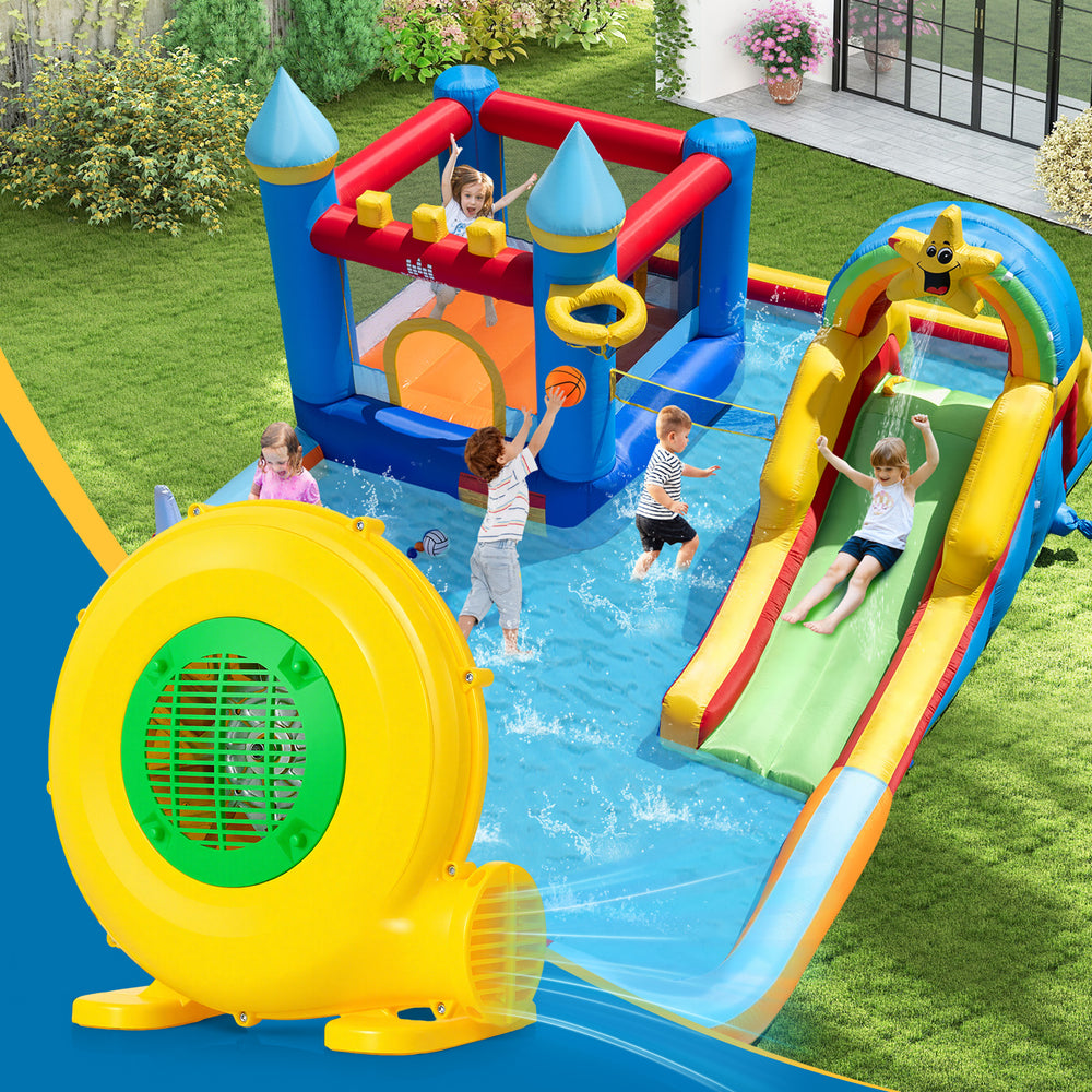 480W bounce house blower with handle and ground stakes, designed for quick inflation of inflatables and safety features.