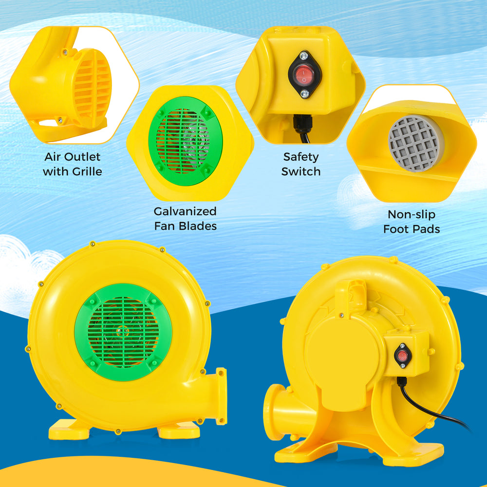 480W bounce house blower with handle, safety switch, and non-slip foot pads for easy setup and secure operation.