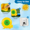 610W bounce house blower in yellow with handle, showing setup steps for easy inflation and secure ground stakes.