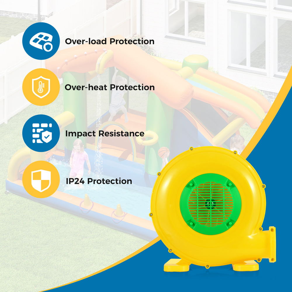 Yellow 610W bounce house blower with handle and ground stakes, featuring over-load and over-heat protection for safety.