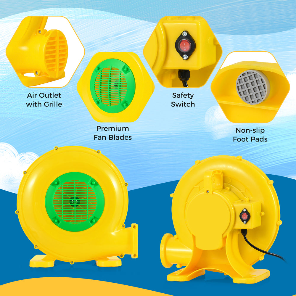 Yellow 610W bounce house blower showcasing air outlet, safety switch, and non-slip foot pads for secure operation.