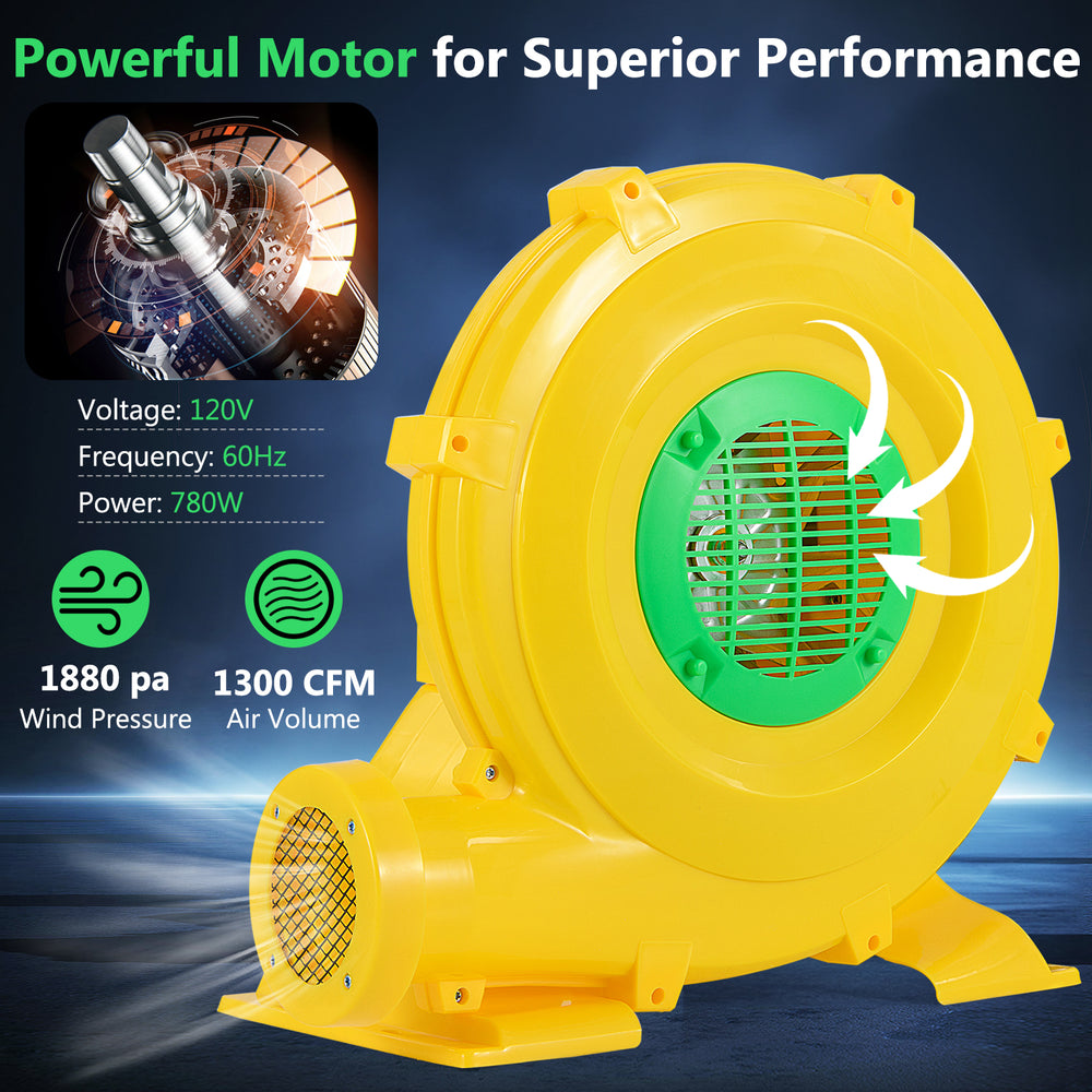 Portable 780W bounce house blower with a powerful motor, 1300 CFM airflow, and safety features for quick inflation.