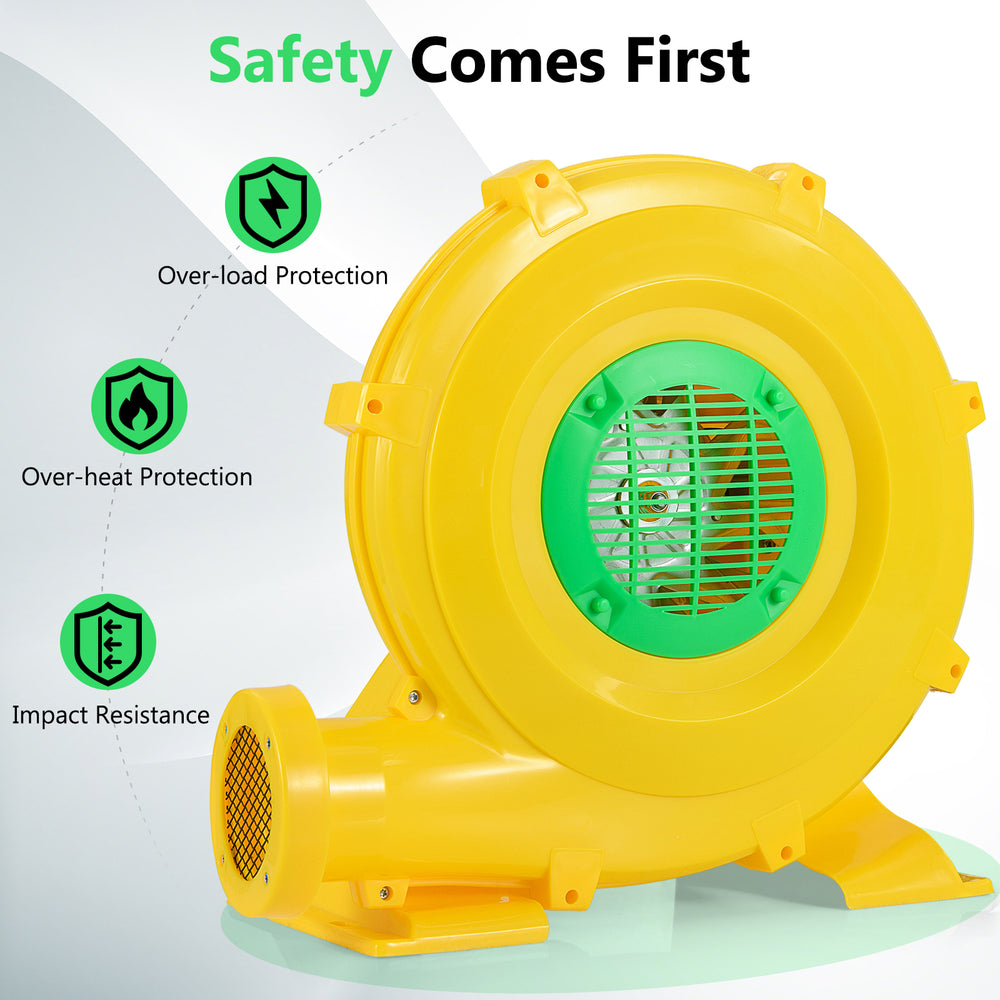 Yellow 780W bounce house blower with safety features, including over-load protection and impact-resistant housing.