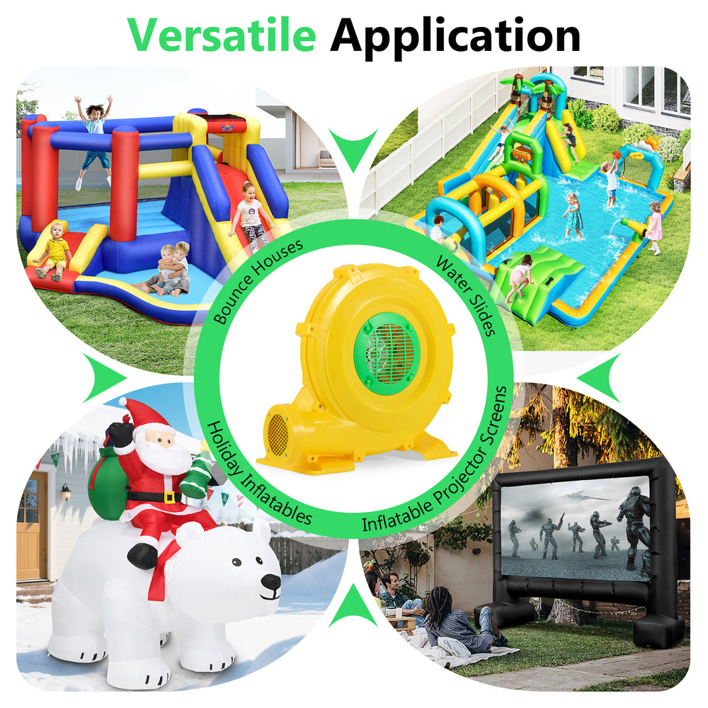 Portable 780W bounce house blower with handle, ideal for inflating holiday inflatables and water slides quickly.