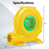 Yellow 780W bounce house blower with handle, 1300 CFM air volume, and safety features for quick inflation.