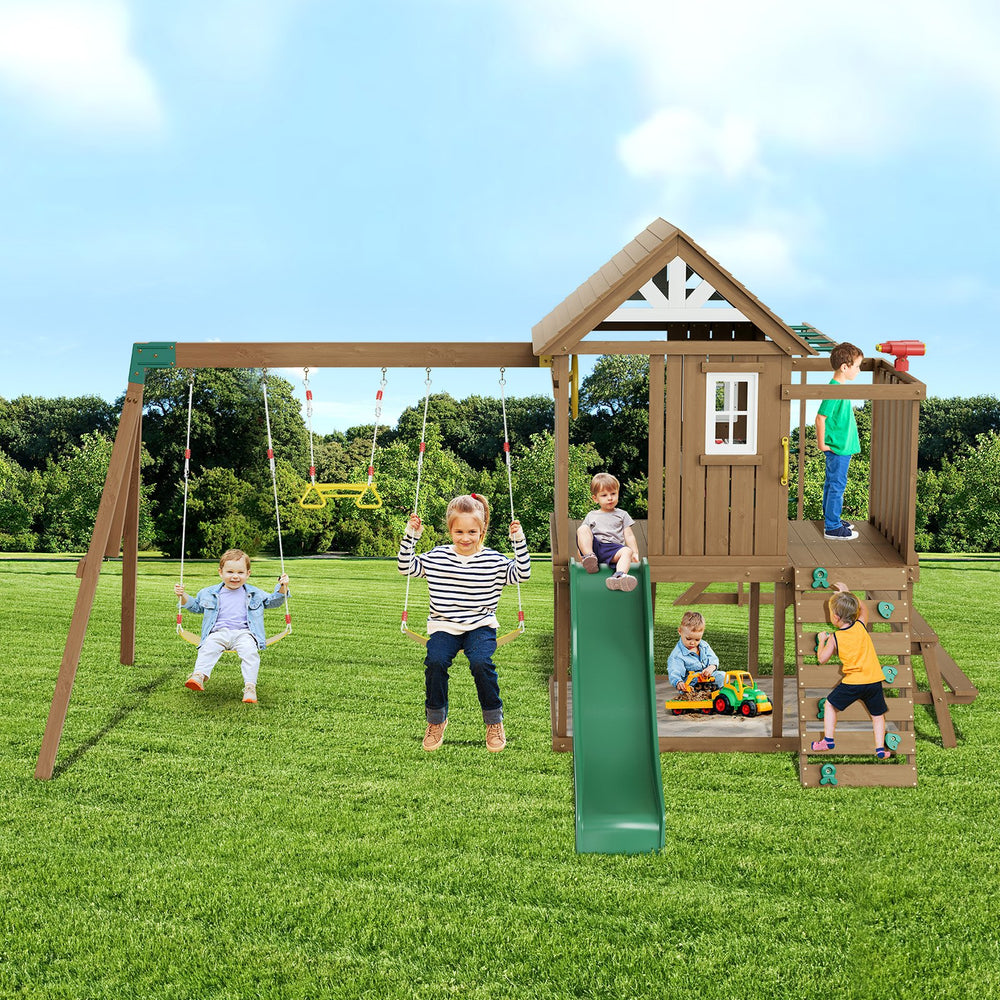 Vevor Wooden Swing Set 10-in-1 with Slide Fort Rock Wall and Sandbox New