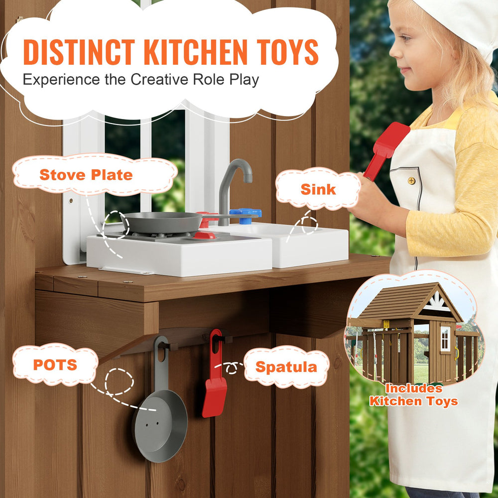 Vevor Wooden Swing Set 10-in-1 with Slide Fort Rock Wall and Sandbox New