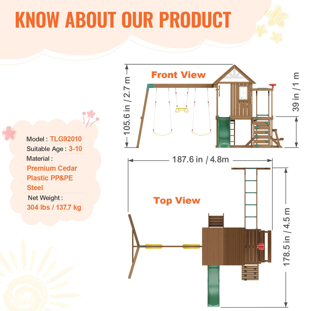 Vevor Wooden Swing Set 10-in-1 with Slide Fort Rock Wall and Sandbox New