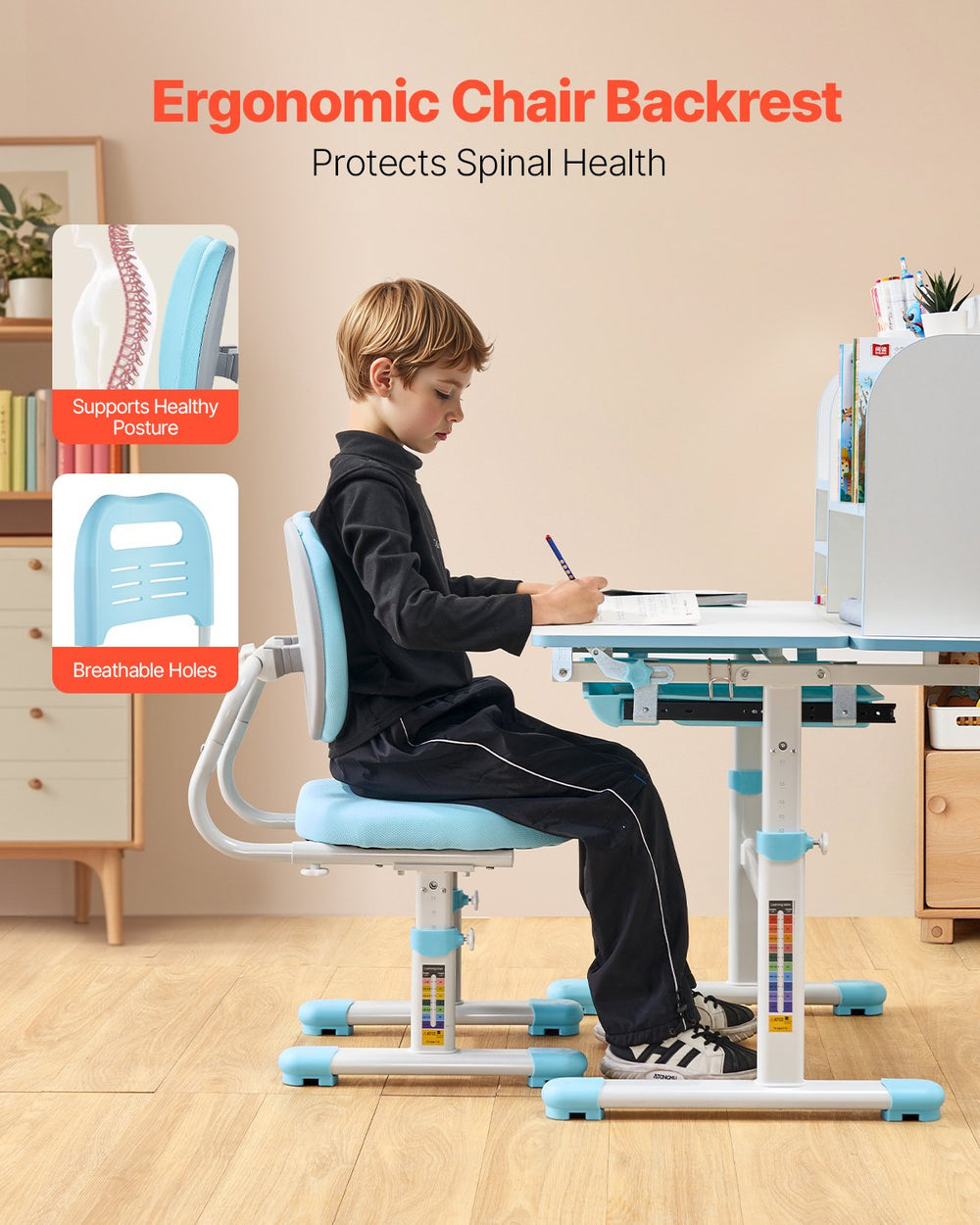 Vevor Kids Study Desk and Chair Set Height Adjustable with Bookshelf and Storage Drawer New