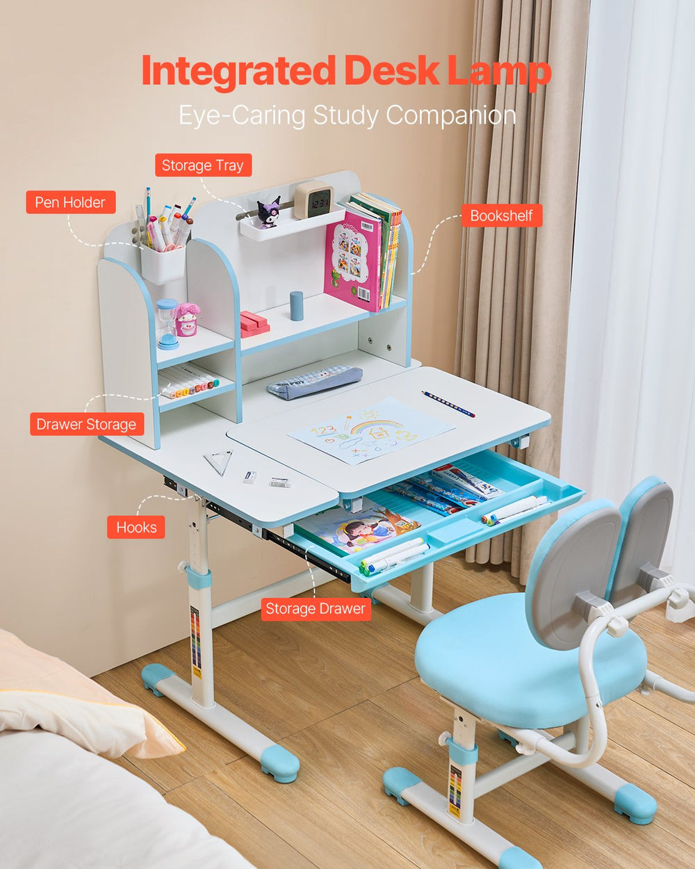 Vevor Kids Study Desk and Chair Set Height Adjustable with Bookshelf and Storage Drawer New