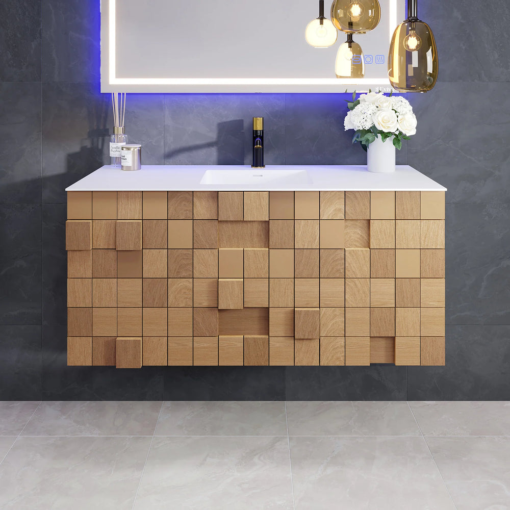 Eviva Mosaic 49" Bathroom Vanity Wall Mount Single Sink Integrated Solid Surface Countertop Natural Oak New