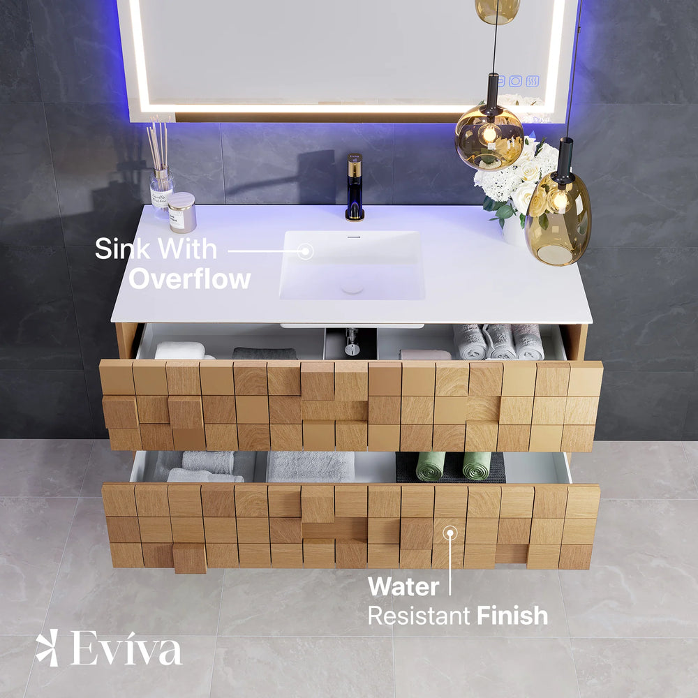 Eviva Mosaic 49" Bathroom Vanity Wall Mount Single Sink Integrated Solid Surface Countertop Natural Oak New