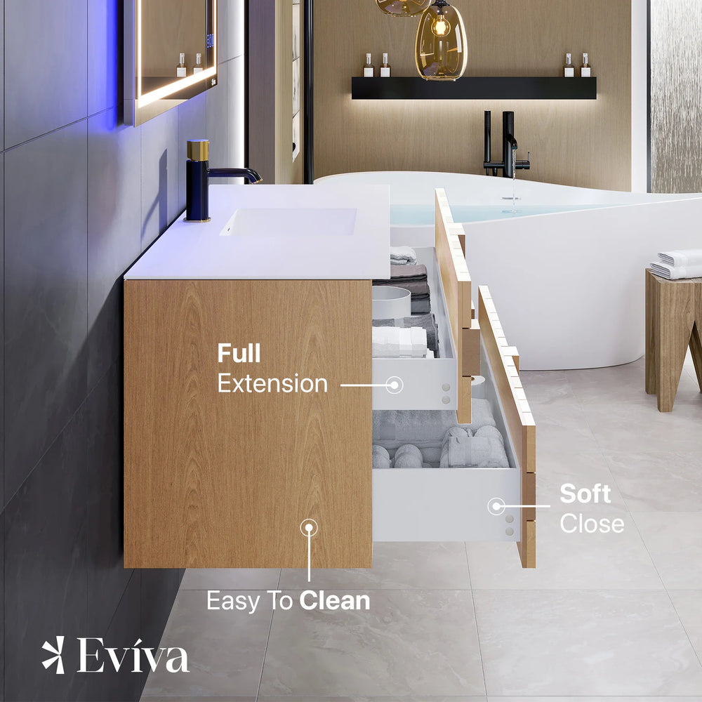 Eviva Mosaic 49" Bathroom Vanity Wall Mount Single Sink Integrated Solid Surface Countertop Natural Oak New