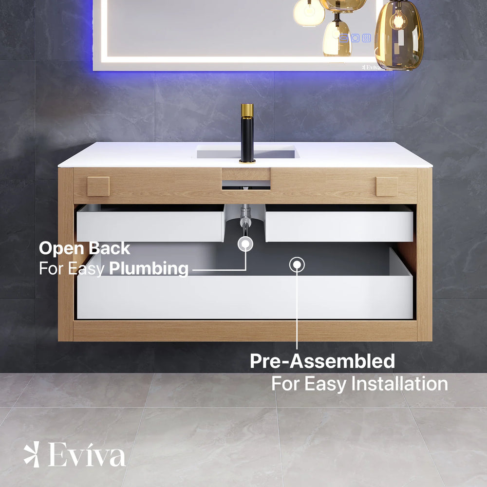 Eviva Mosaic 49" Bathroom Vanity Wall Mount Single Sink Integrated Solid Surface Countertop Natural Oak New