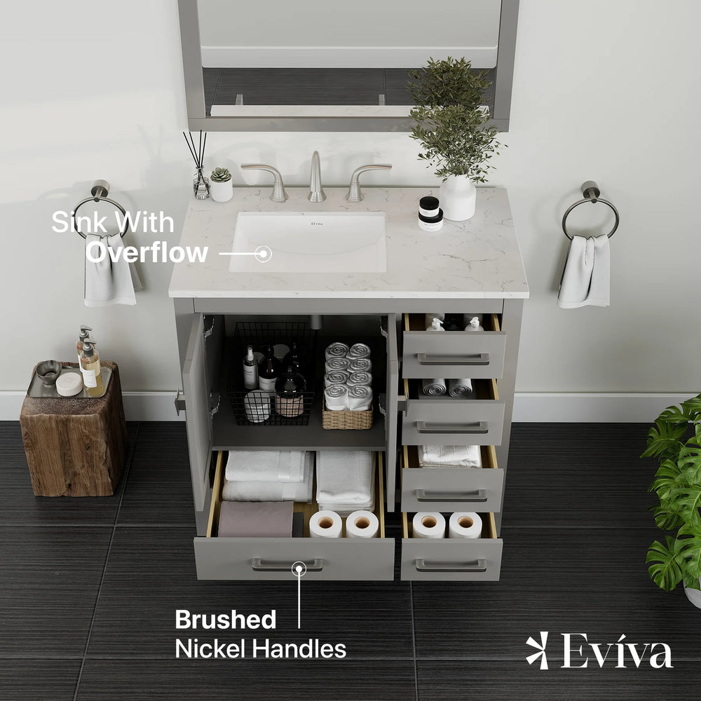 Eviva Aberdeen 36" Bathroom Vanity Single Sink Undermount Carrara Quartz Countertop New