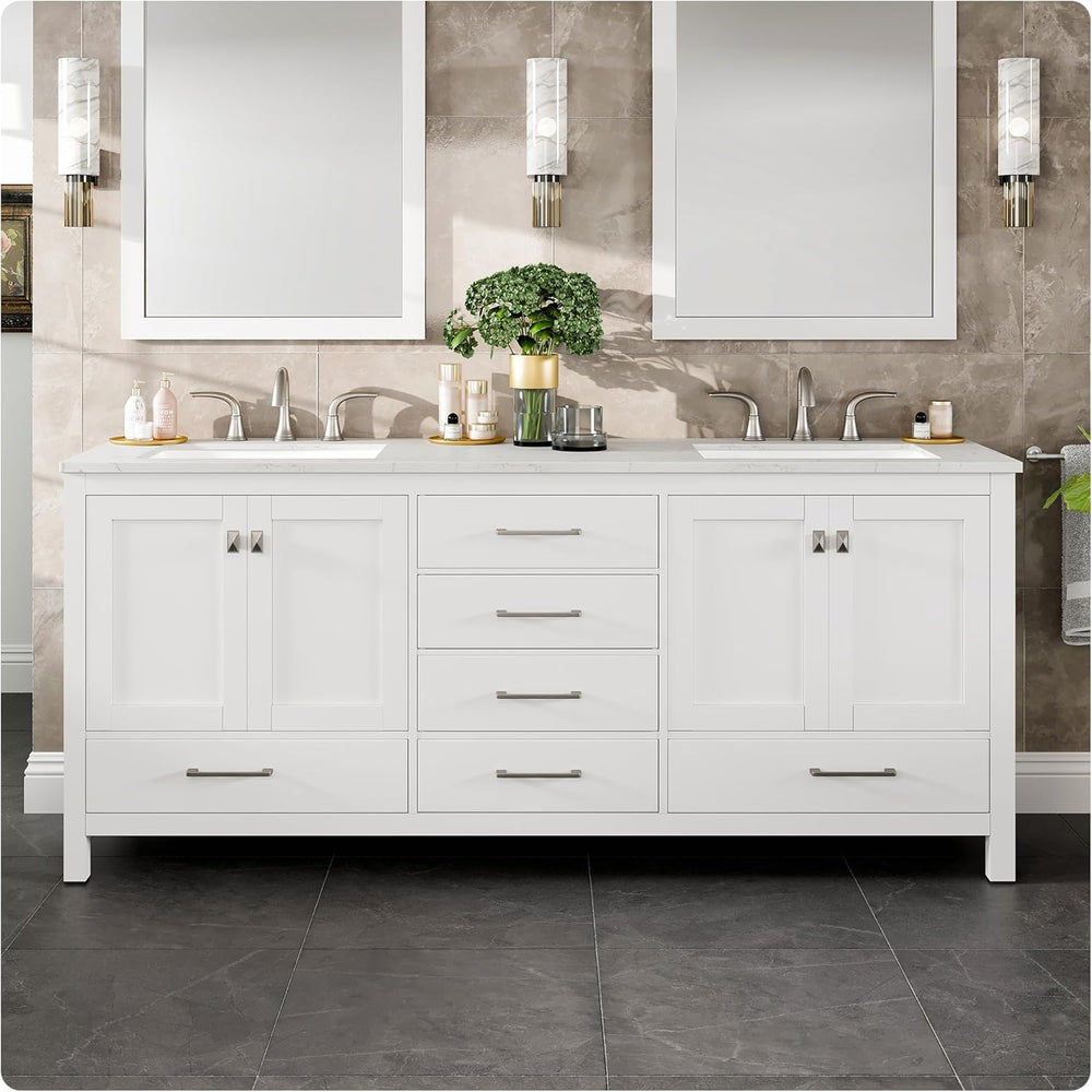 Eviva Aberdeen 78" Bathroom Vanity Double Sinks Undermount Carrara Quartz Countertop New