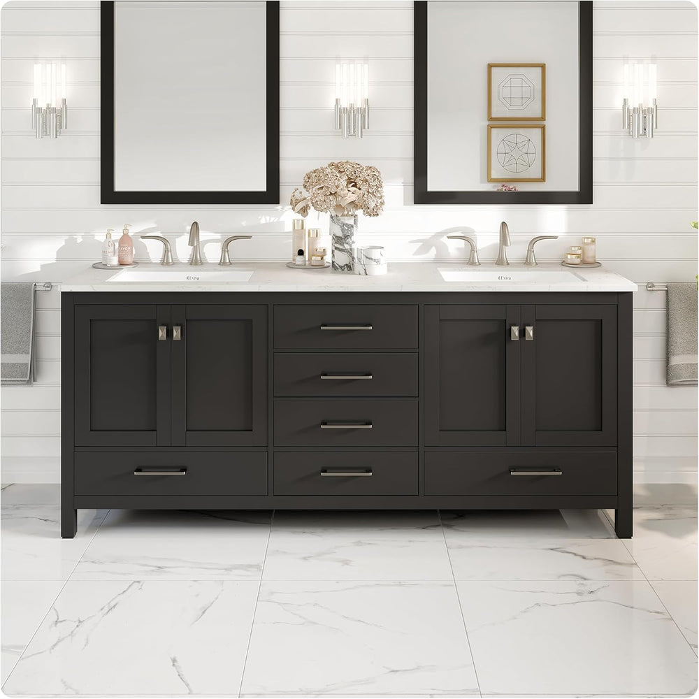 Eviva Aberdeen 78" Bathroom Vanity Double Sinks Undermount Carrara Quartz Countertop New