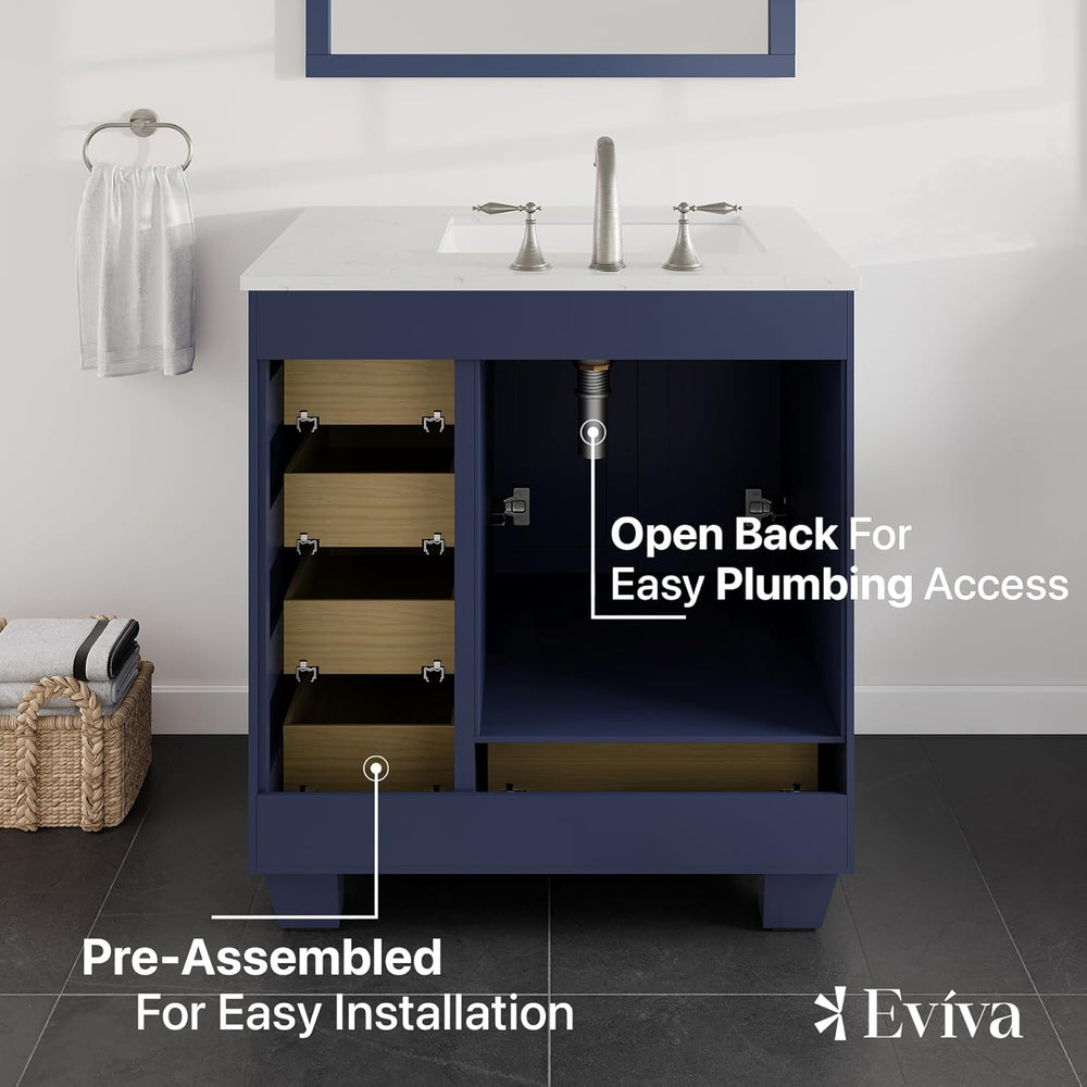 Eviva Acclaim 30" Bathroom Vanity Single Sink Undermount Carrara Quartz Countertop New