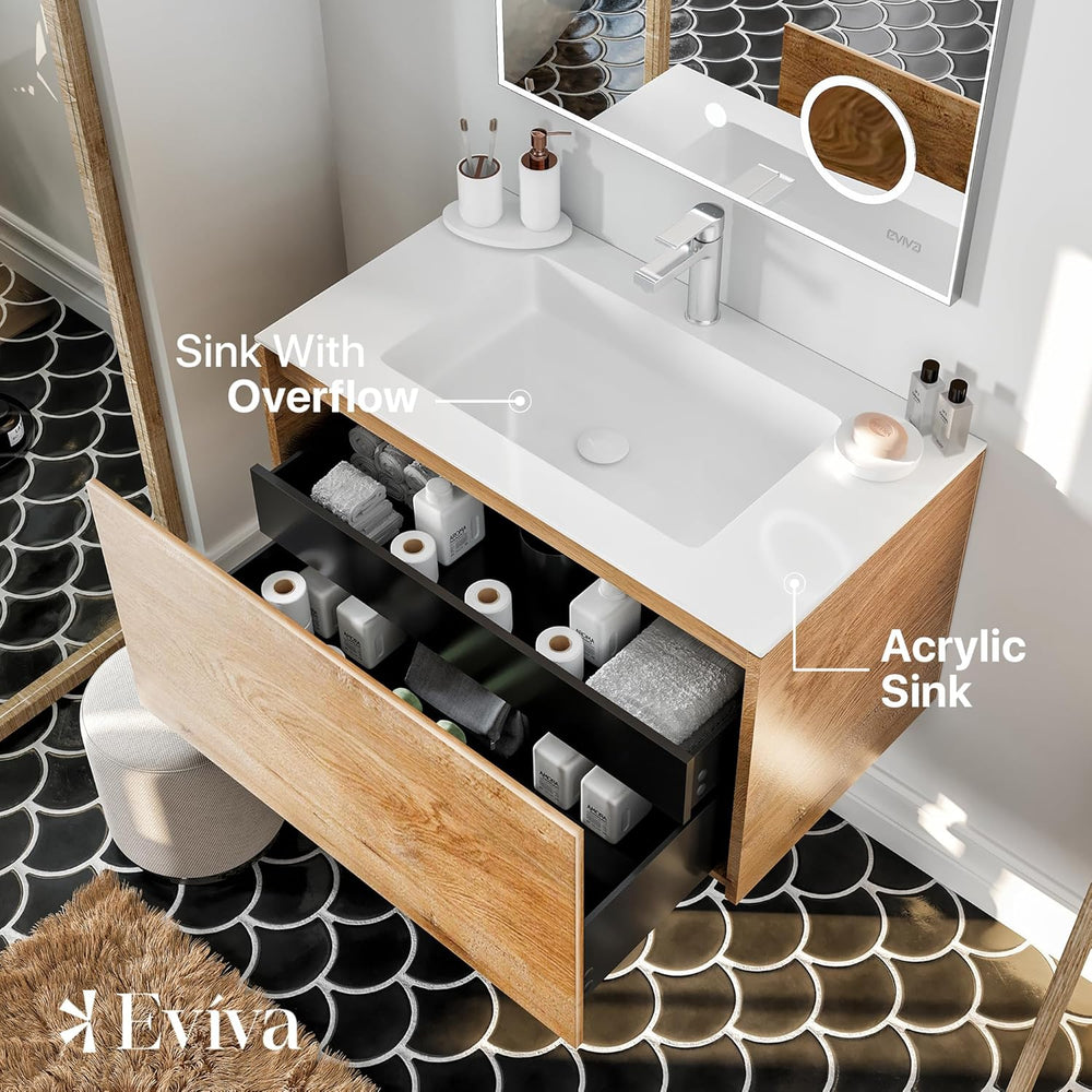 Eviva Madeira 36" Bathroom Vanity Wall Mount Single Sink Integrated Sink Acrylic Countertop Oak New