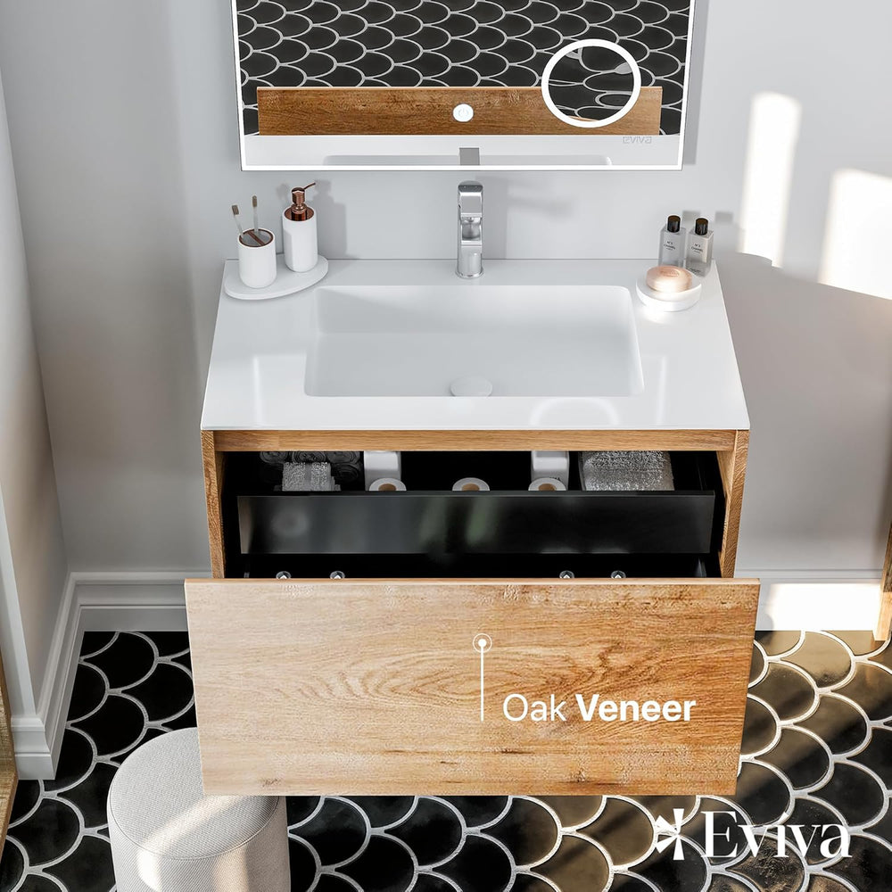 Eviva Madeira 36" Bathroom Vanity Wall Mount Single Sink Integrated Sink Acrylic Countertop Oak New