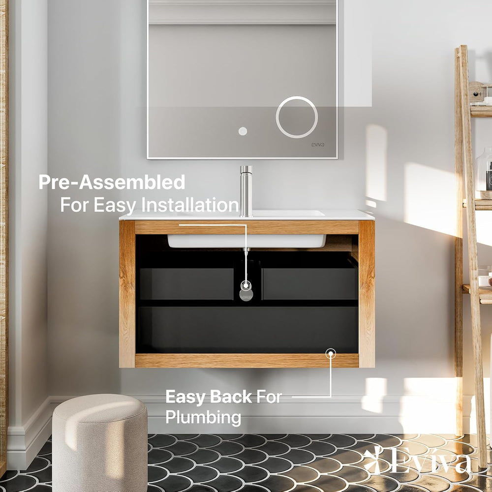 Eviva Madeira 36" Bathroom Vanity Wall Mount Single Sink Integrated Sink Acrylic Countertop Oak New