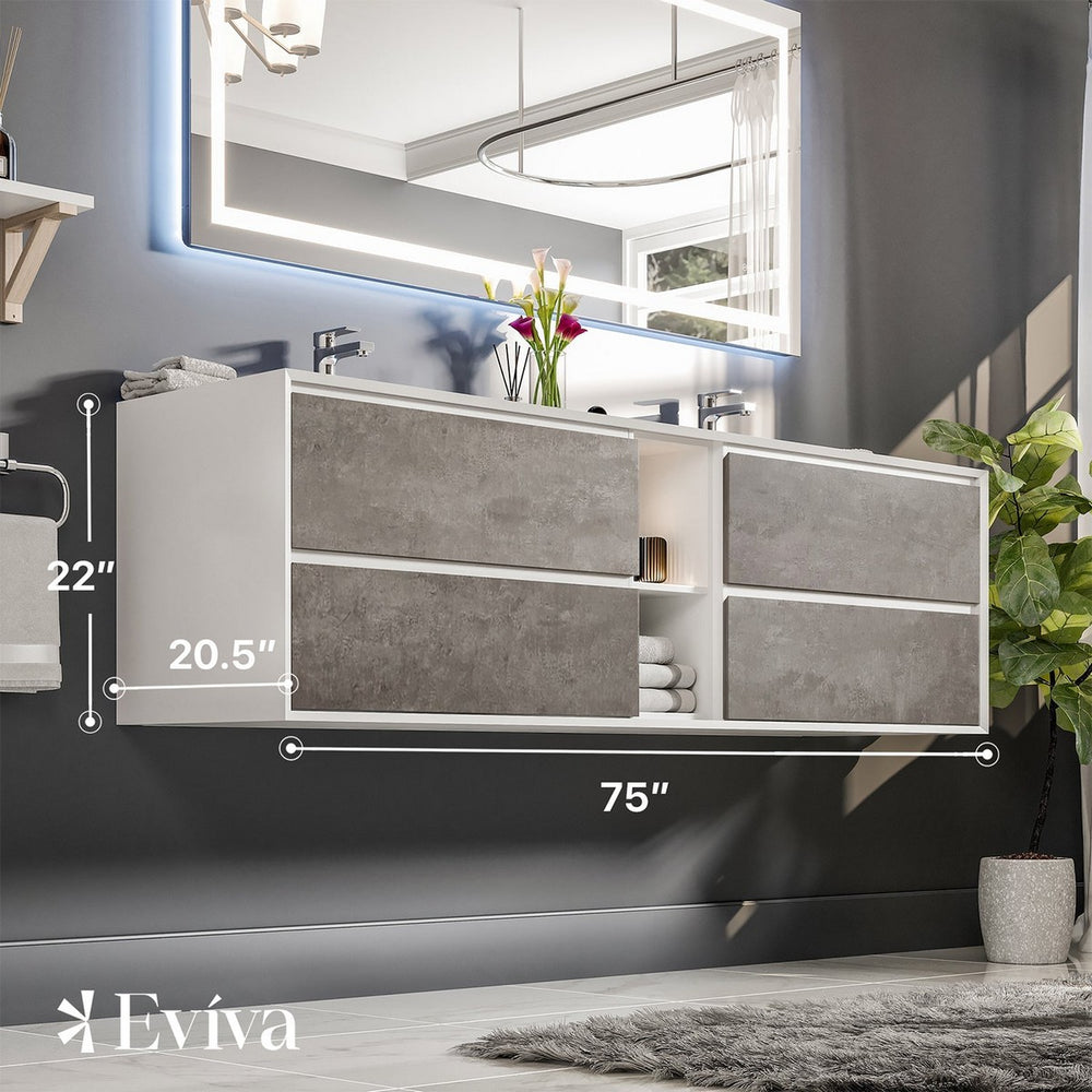 Eviva Vienna 75" Bathroom Vanity Wall Mount Double Sinks Integrated Acrylic Countertop New
