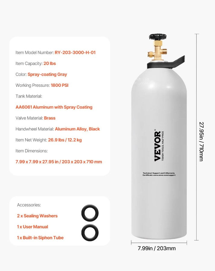Vevor Aluminum CO2 Tank 20 Lb with Siphon Tube DOT Approved New