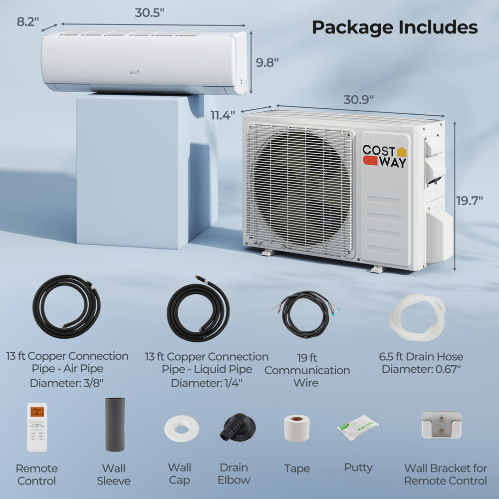 EchoCool Series 11500 BTU mini split air conditioner and heater pump system with remote control and installation.