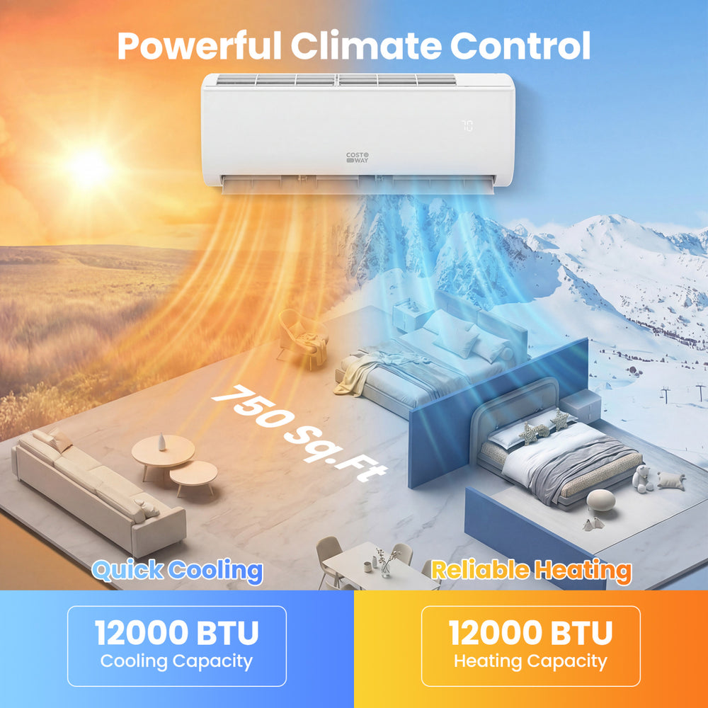 Mini split air conditioner and heater with 12000 BTU capacity, showcasing quick cooling and reliable heating for large.