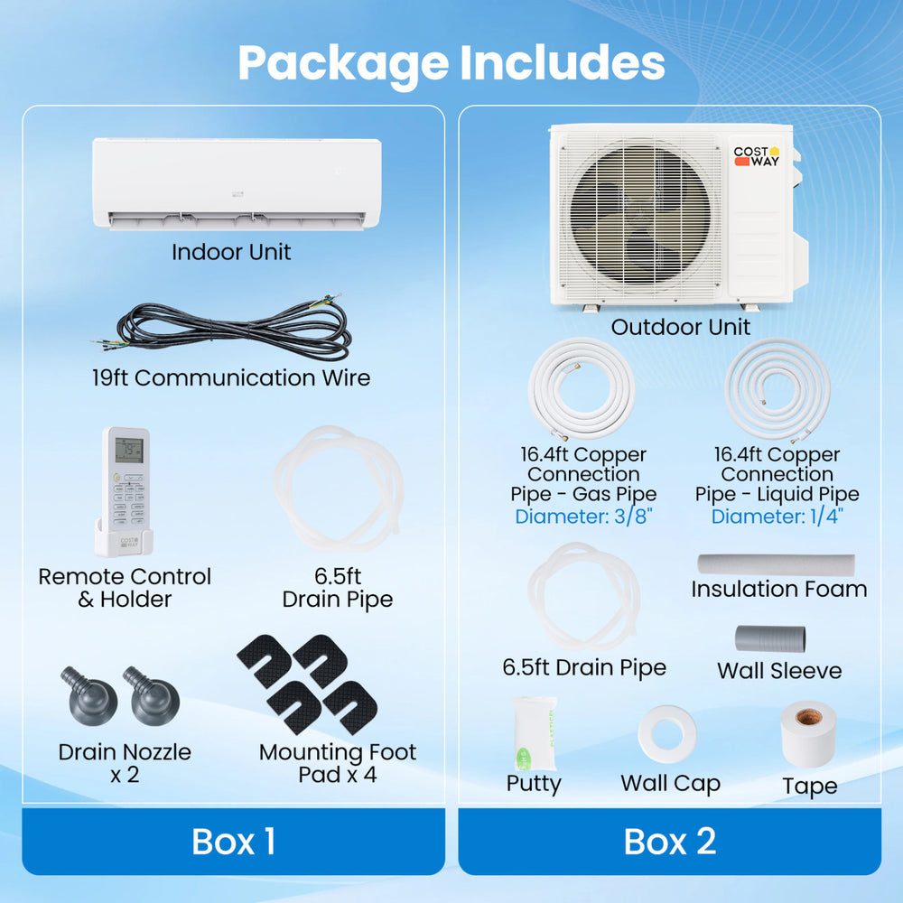 Indoor and outdoor units of the EcoGuard 12000 BTU Mini Split Air Conditioner with installation accessories included.