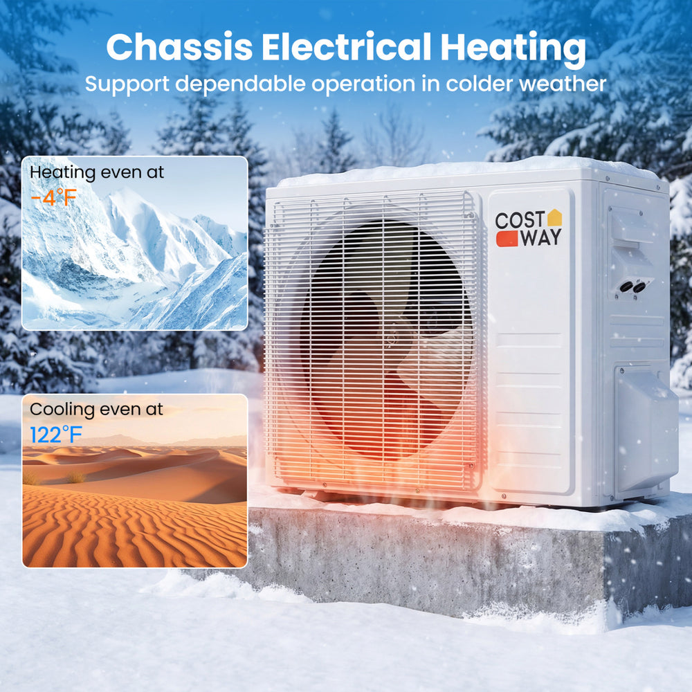 Outdoor unit of the EcoGuard 24000 BTU mini split air conditioner with chassis heating for reliable cold-weather.