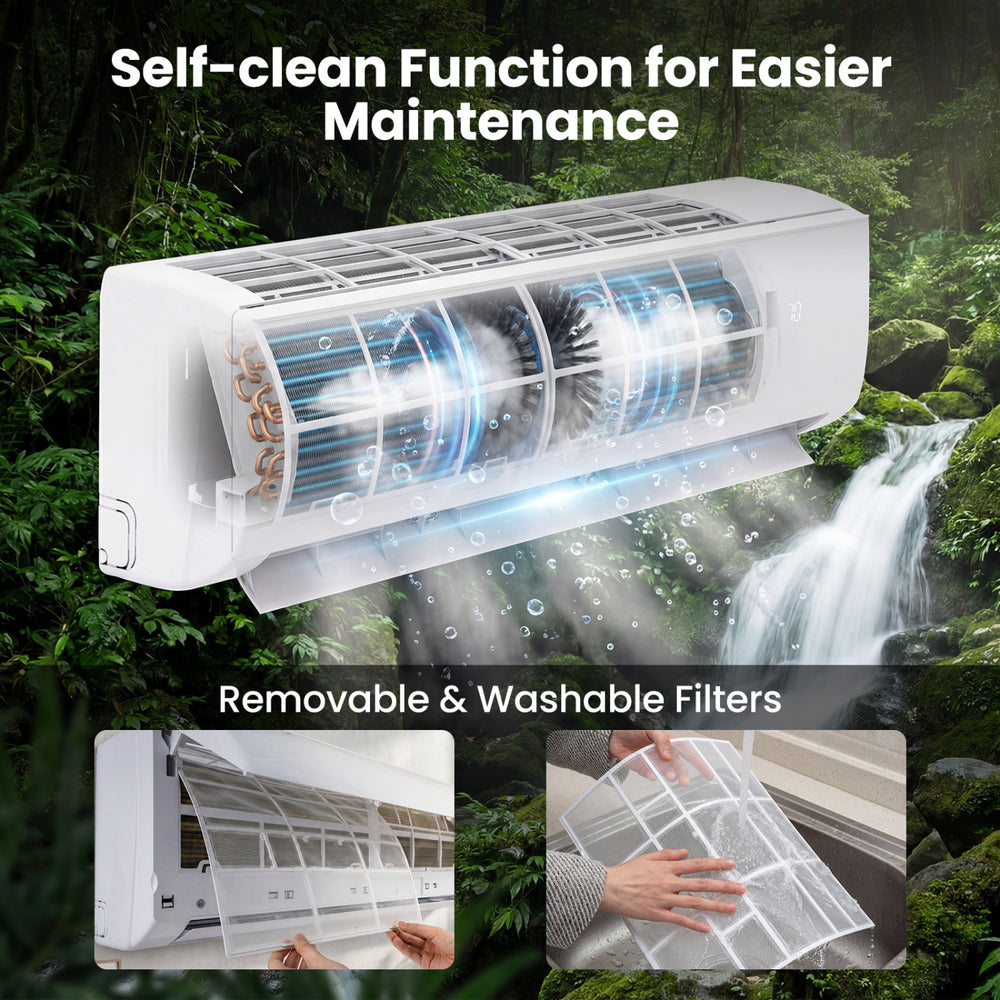 Self-cleaning mini split air conditioner with removable filters, showcasing easy maintenance for efficient cooling and.