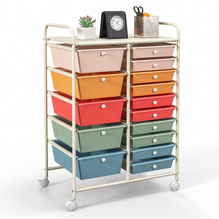 Rolling storage cart with colorful drawers for efficient organization in compact living spaces. Ideal for versatile.