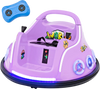 Purple 12V electric ride-on car with remote control, LED lights, and cartoon design for fun playtime adventures.