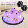 Electric ride-on car in purple with 360-degree spin, remote control, and LED lights for fun playtime adventures.