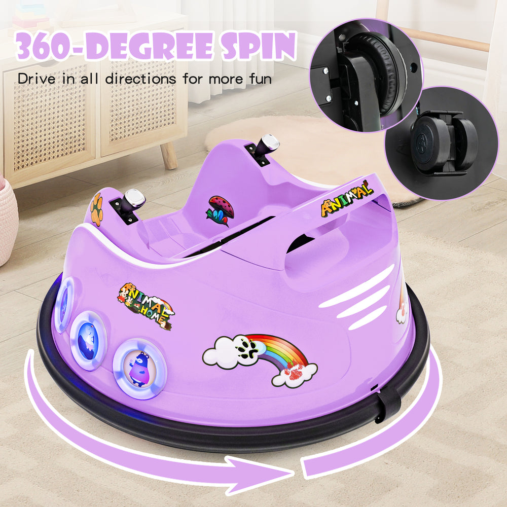 Electric ride-on car in purple with 360-degree spin, remote control, and LED lights for fun playtime adventures.