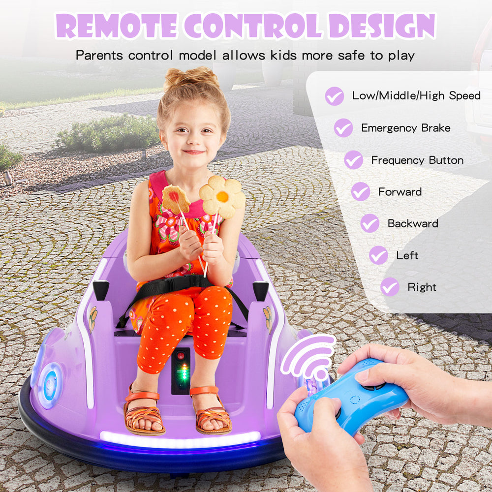 Purple 12V electric ride-on car with remote control, LED lights, and 360-degree rotation for safe, fun playtime.