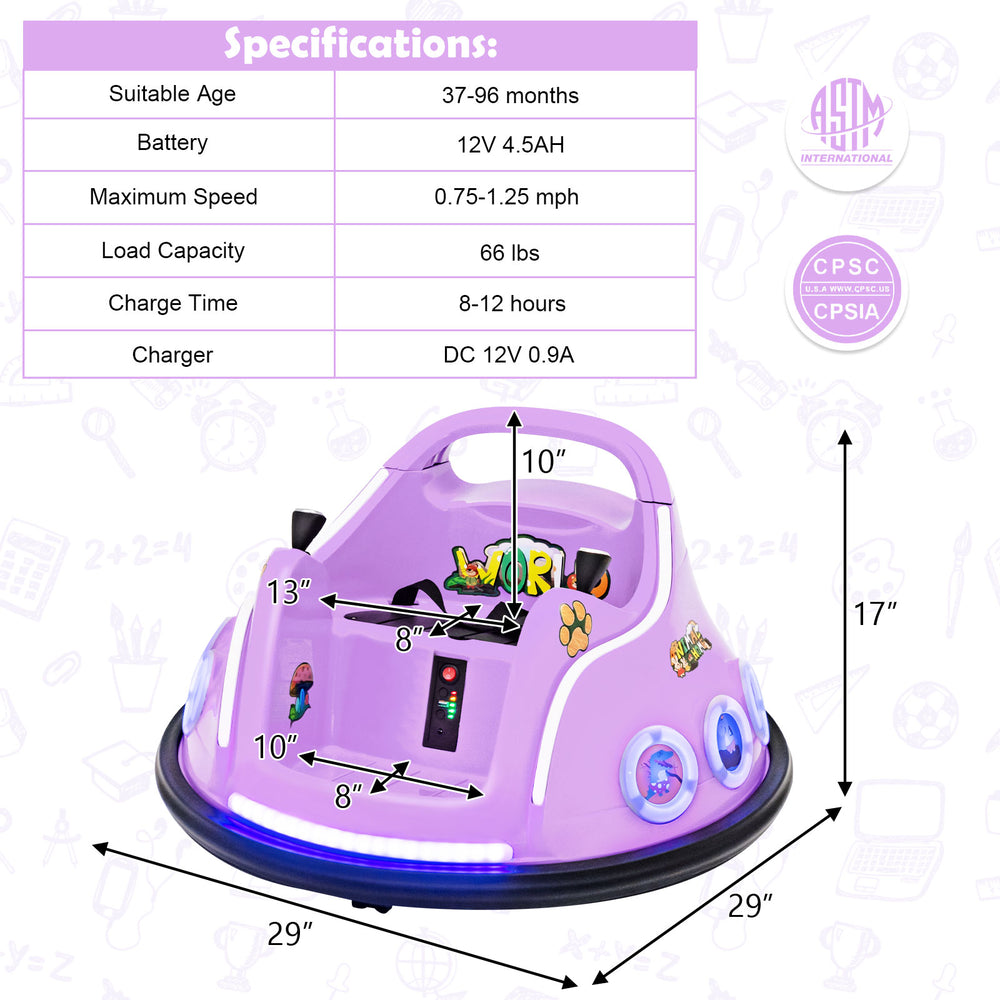 Purple 12V electric ride-on car with remote control, LED lights, and dual joysticks for safe, fun playtime.