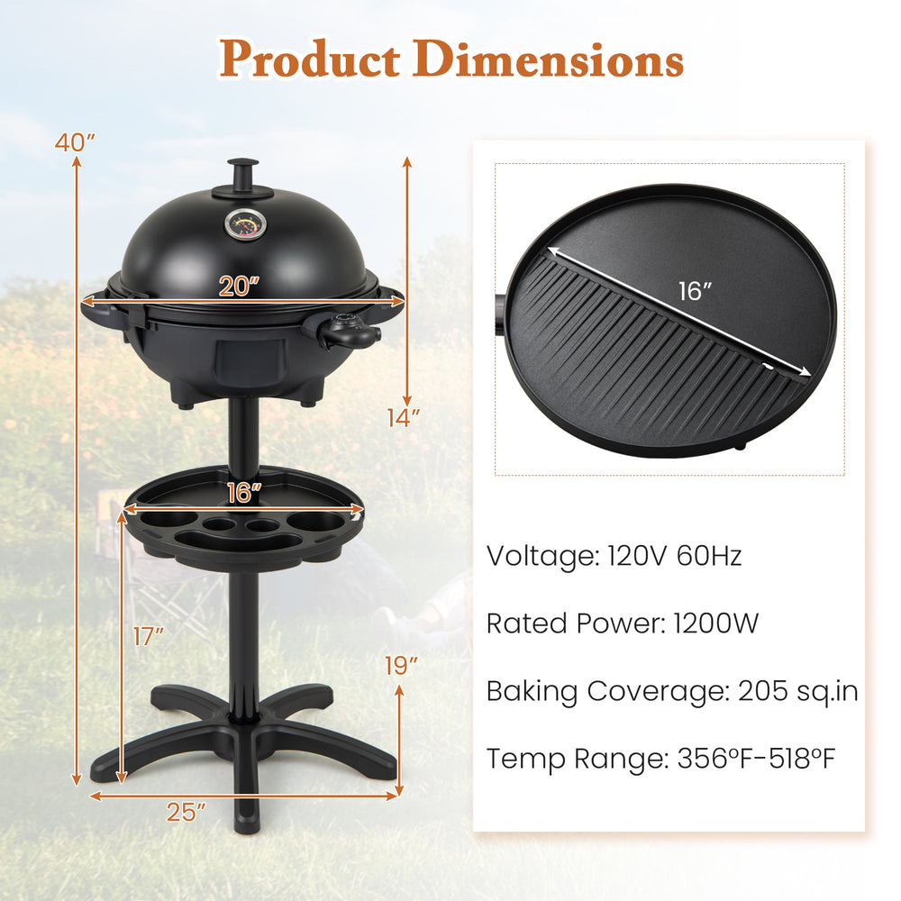 Electric BBQ grill with a 205 sq.in non-stick grilling plate, adjustable temperature, and removable stand for.
