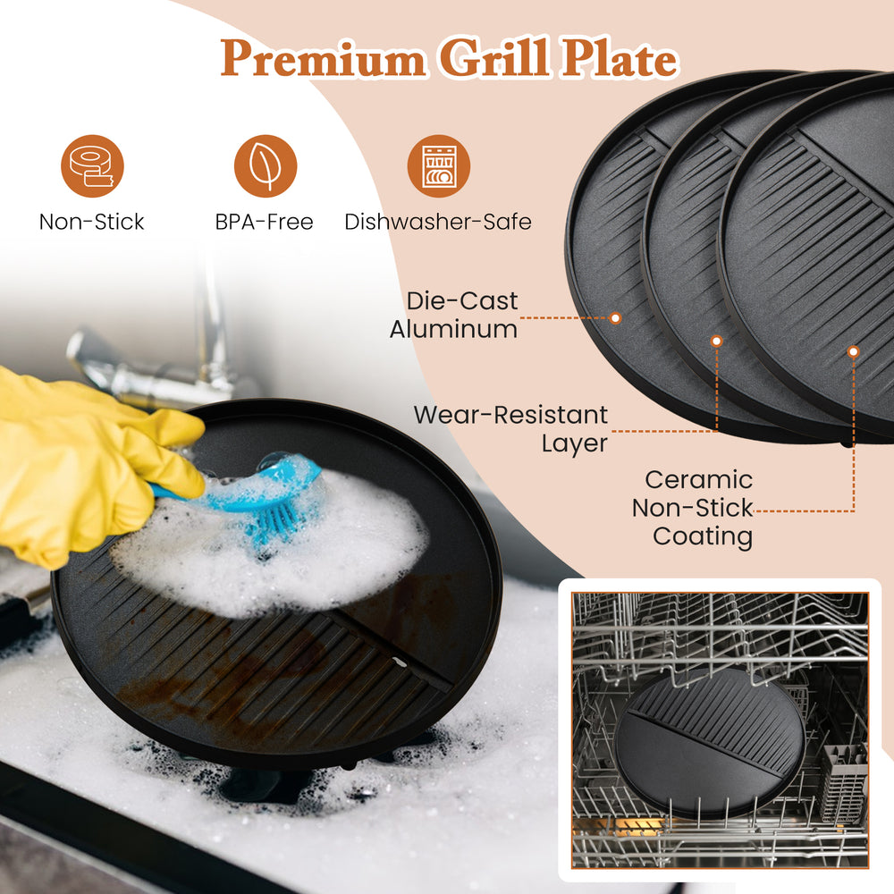 Close-up of the non-stick grilling plate for the 1200W Electric BBQ Grill, featuring a ceramic coating and.
