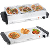 Electric buffet server with three removable trays, stainless steel design, ideal for parties and catering.