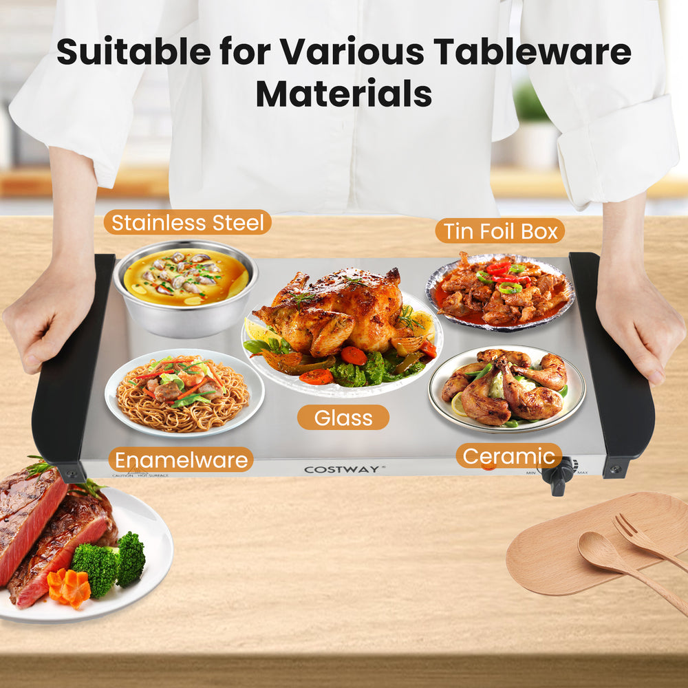 Electric buffet server food warmer with three removable trays, suitable for stainless steel, glass, ceramic, and more.